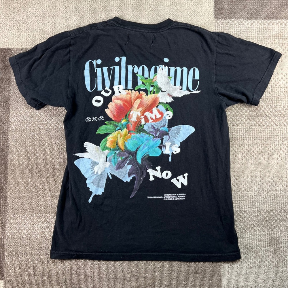 Civil Regime Mens Our Time Is Now Graphic T-Shirt Black Floral Dove Butterfly M